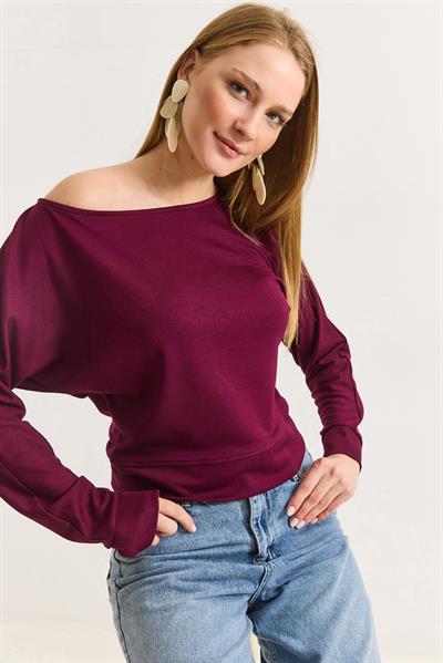 Kadın Beli Bantlı Yarasa Yumuşak Dokulu Bluz Bordo