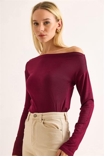 Kadın Geniş Yaka Uzun Kollu Bluz Bordo
