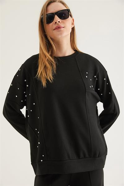 Taş Detaylı Modal Sweatshirt Siyah