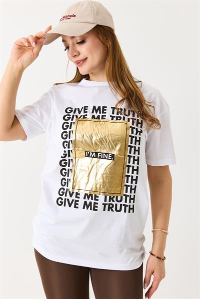 Kadın Dokulu I M Fıne Yazılı Bisiklet Yaka Tshirt Beyaz