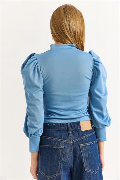Kadın Hakim Yaka Prenses Kol Örme Bluz Mavi