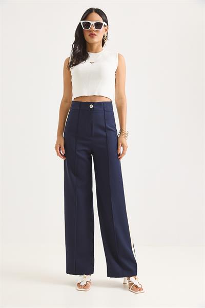 Yanları Şeritli Yüksek Bel Bol Paça Pantolon Lacivert