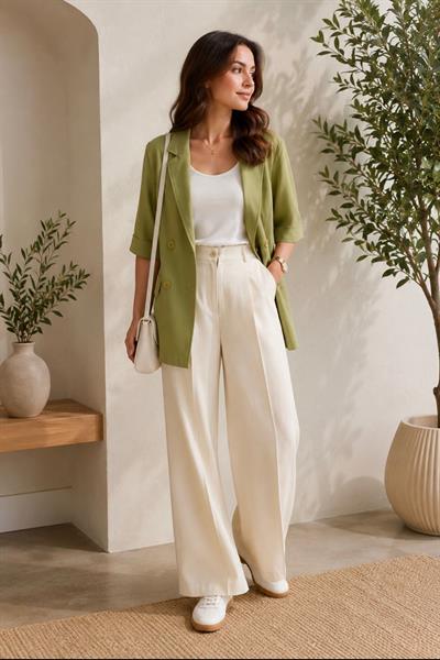 Kadın Kruvaze Yaka Oversize Blazer Ceket Açık Haki