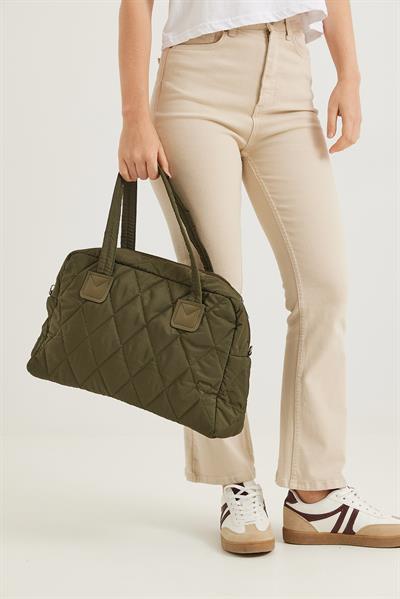 Kapitone Kumaş Cüzdanlı  El Ve Omuz Çantası Haki