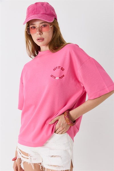 Kadın Bisiklet Yaka Yazı Baskılı Kısa Kollu Tshirt Pembe