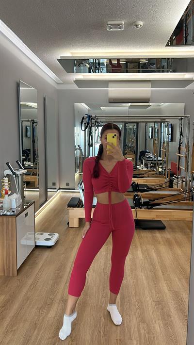 Kadın Fitilli Crop Bluz Pantalon Pembe Takım