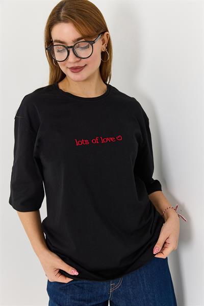 Kadın Yazı Baskılı Bisiklet Yaka Tshirt Siyah