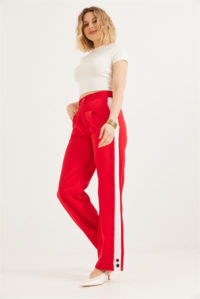 Yanları Şeritli Bol Paça Pantolon Kırmızı