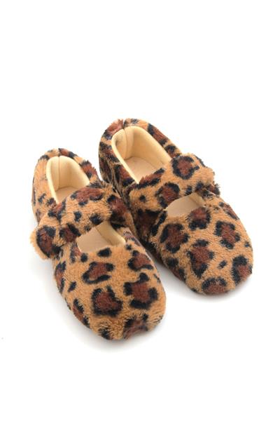Kadın Tek Bant Peluş Kışlık Leopar Ev Ayakkabısı
