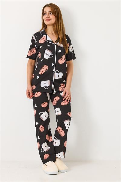 Kadın Kısa Kollu Düğmeli Pijama Takımı Siyah