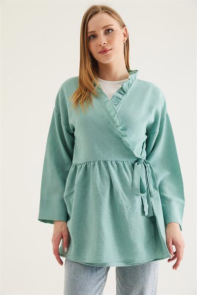 Yandan Bağlamalı Yakası Fırfırlı Kimono Yeşil