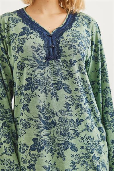 Yakası Dantelli Uzun Kollu Pijama Takımı Yeşil