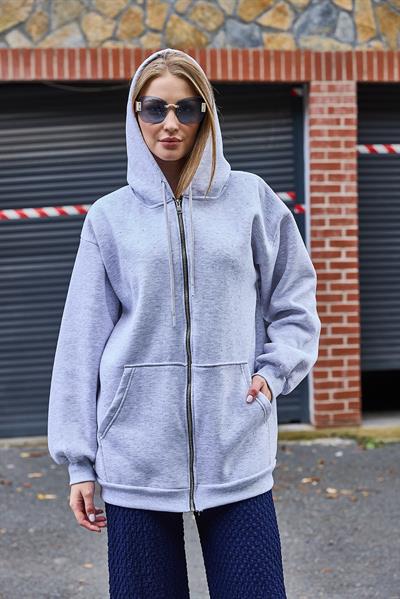 Kadın Taş Detaylı Üç İplik Oversize Kanguru Cep Sweat Hırka Gri