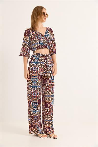 Etnik Desenli Kruvaze Yaka Crop Bluz Pantolon İkili Takım Bordo