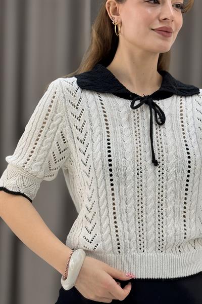 Polo Yaka Ajurlu Triko Bluz Bej