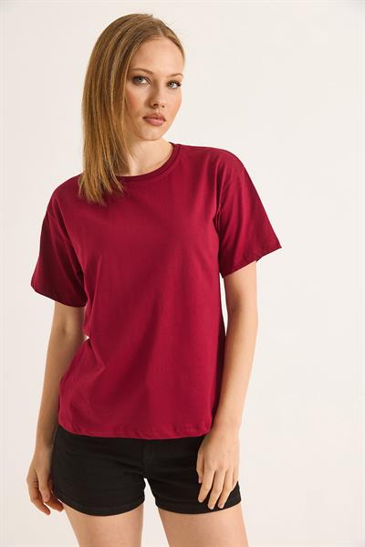 Bisiklet Yaka Kısa Kollu Fit Tshirt Bordo