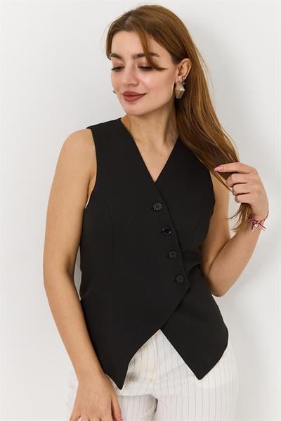 Kadın Çarpaz Düğmeli Kolsuz Yelek Siyah