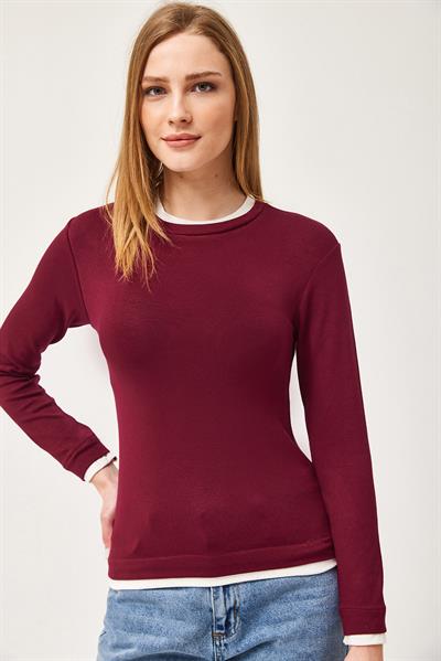 Yaka ve Etek Garnili Esnek Bluz Bordo