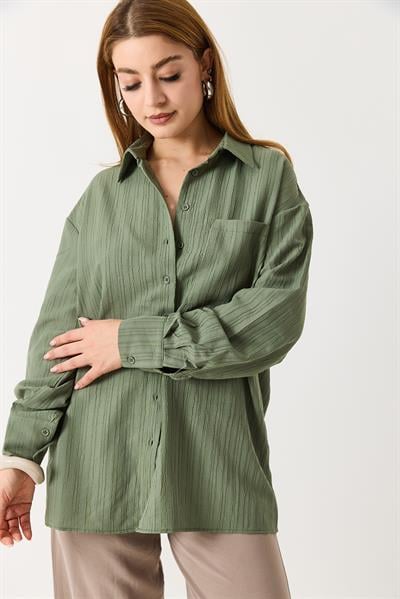 Kadın Oversize Müslin Kumaş Basic Gömlek Haki