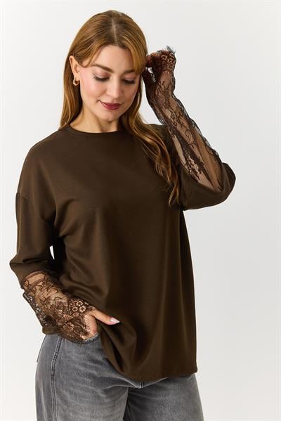 Kadın Kolu Tül Detaylı Oversize Tshirt Kahverengi