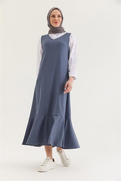 Çizgili Sıfır Kol Beli Kuşaklı Elbise Gri