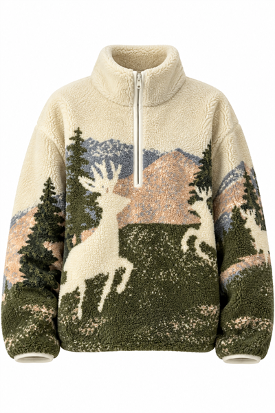 Kadın Desenli Dik Yaka Yarım Fermuarlı Polar Swearshirt Yeşil