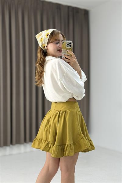 Kadın Keten Astarlı Fırfırlı Fermuarlı Etek  Yağ Yeşili