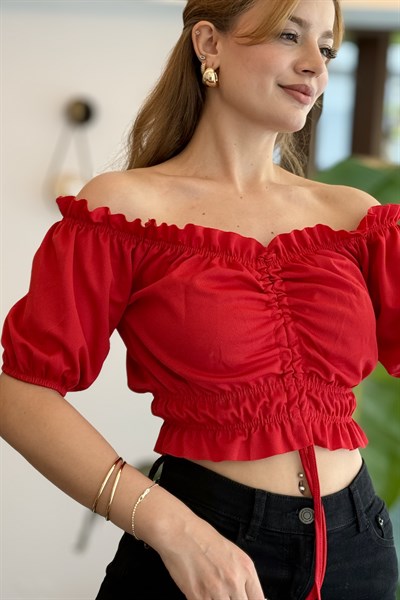 Madonna Yaka Büzgülü Crop Bluz Kırmızı