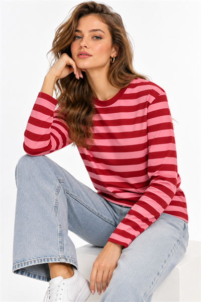 Kadın Çizgi Desenli Sweatshirt Pembe