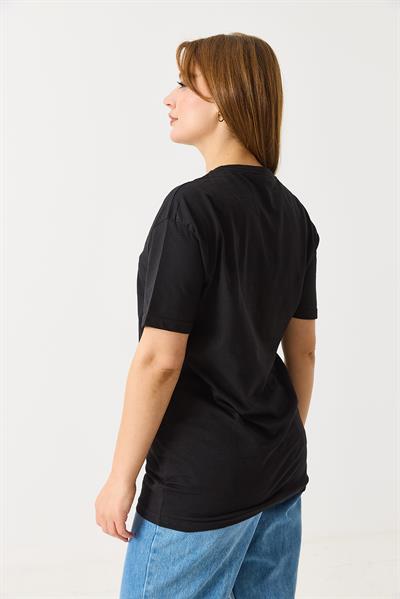 Kadın Baskılı Bisiklet Yaka Kısa Kol Tshirt Siyah