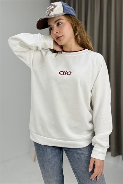 Kadın Yakası Garnili Bol Kesim Sweatshirt Beyaz