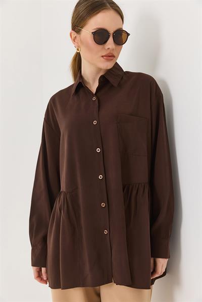 Kahverengi Oversize Eteği Fırfırlı  Düğmeli Yumuşak Dokulu Tunik Gömlek