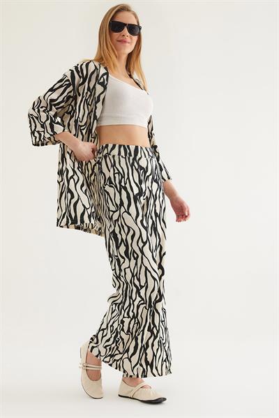 Kimono Pantolon Krinkıl Kadın İkili Takım Siyah
