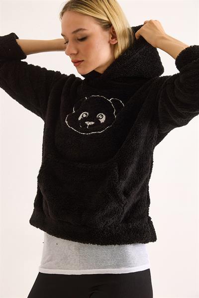 Kapüşonlu Nakış İşlemeli Peluş Sweatshirt  Siyah