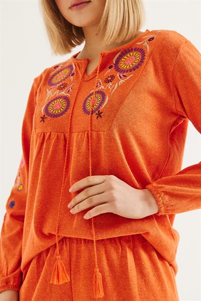 Hera Kumaş Önü ve Kolları İşlemeli İkili Takım Turuncu