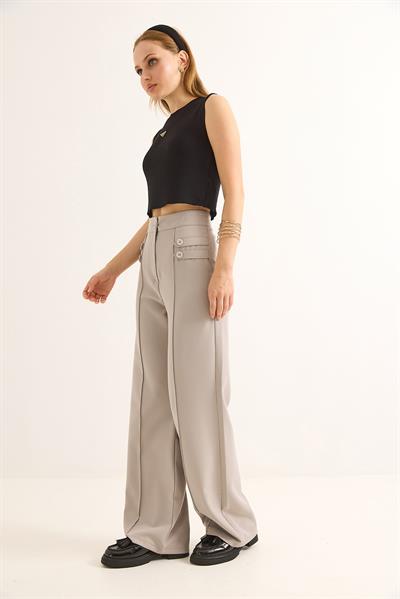 Düğme Detaylı Yüksel Bel Bol Paça Pantolon Gri