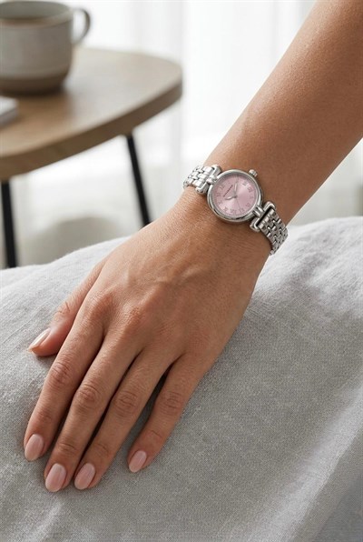 Minimalist Çelik Kordonlu Pembe Kadranlı Kol Saati Gümüş