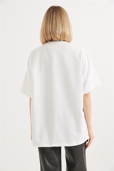 Ayıcık Baskılı Bisiklet Yaka Tshirt Beyaz