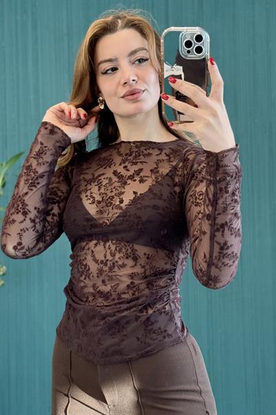 Kadın Transparan Bisiklet Yaka Güpürlü Uzun Kollu Bluz