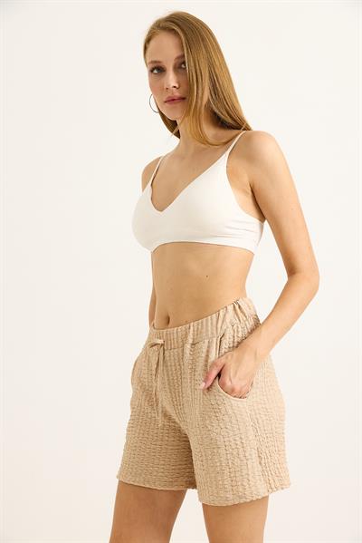 Gofre Kumaş Bel Lastikli Kadın Şort Vizon