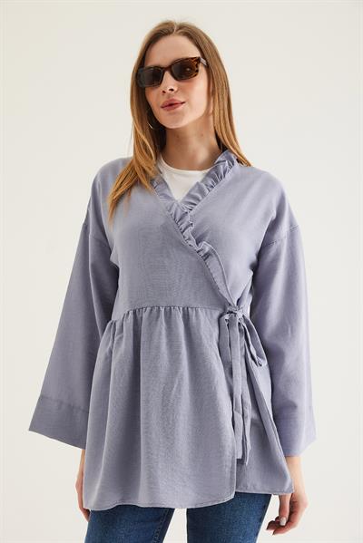 Yandan Bağlamalı Yakası Fırfırlı Kimono Gri