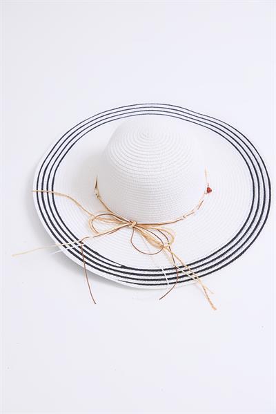 Fiyonk Detaylı Çizgili Hasır Plaj Havuz Şapkası	Beyaz