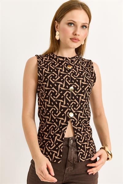 Bisiklet Yaka Gold Düğmeli Ottoman Fitilli Bluz Kahverengi Gold Desenli