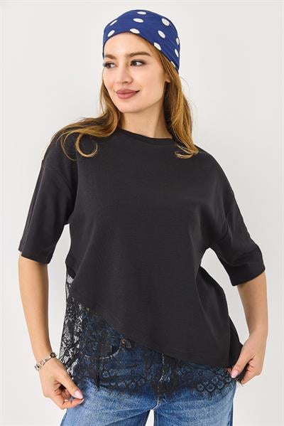 Bisiklet Yaka Dantel Detaylı Şık Tshirt Siyah