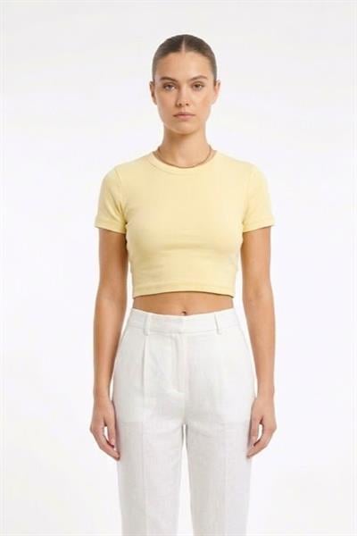 Kadın Bisiklet Yaka Düz Crop Bluz Sarı