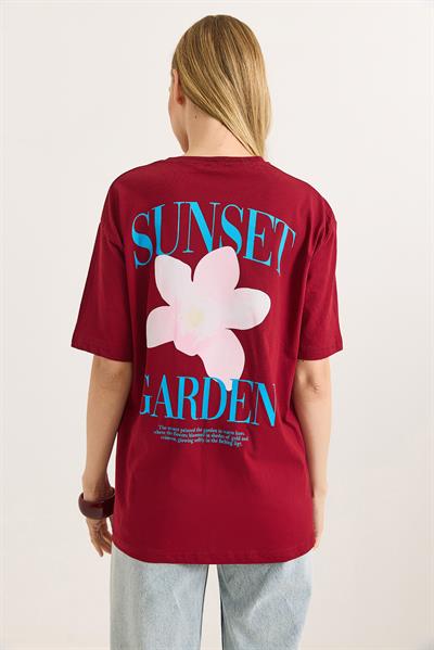 Ön Arka Baskılı Bisiklet Yaka Tshirt Bordo