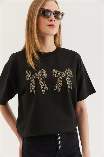 KKurdele Baskı Detaylı Basic Tshirt Siyah