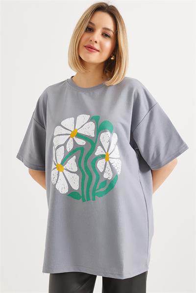 Baskılı Bisiklet Yaka Tshirt Gri