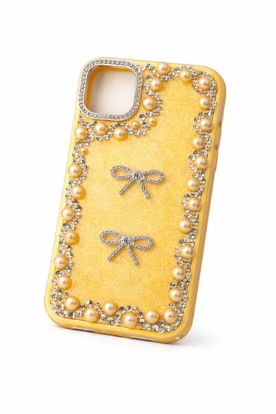 İphone 12 Uyumlu Taş Detaylı Telefon Kılıfı Sarı