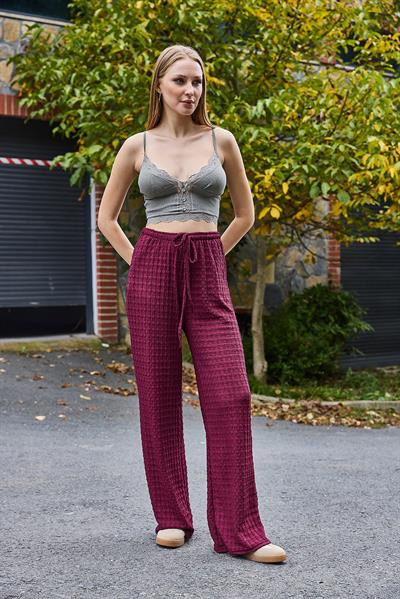 Kadın Bürümcük Salaş Dökümlü Pantalon Bordo